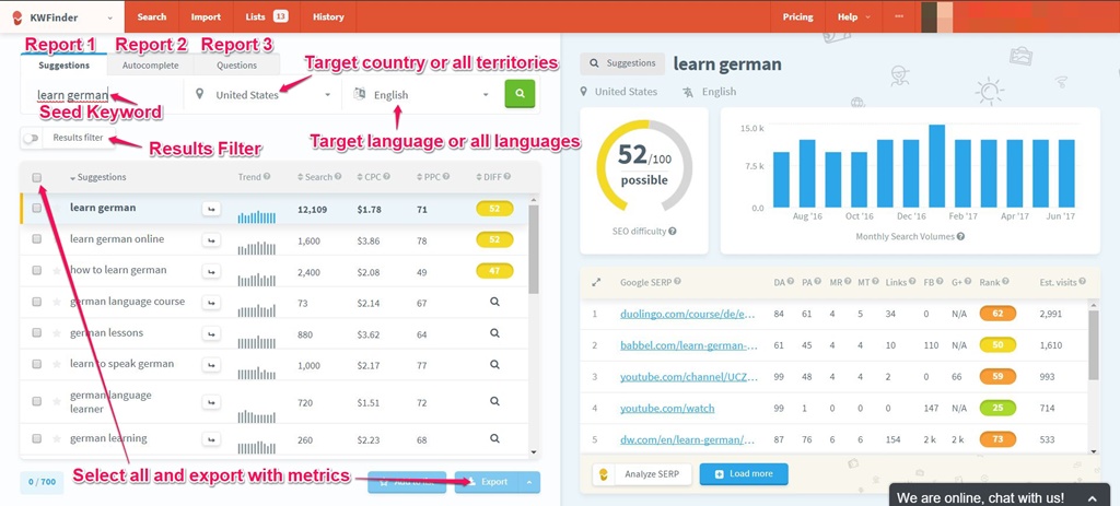 Seed Keyword Research in KWFinder