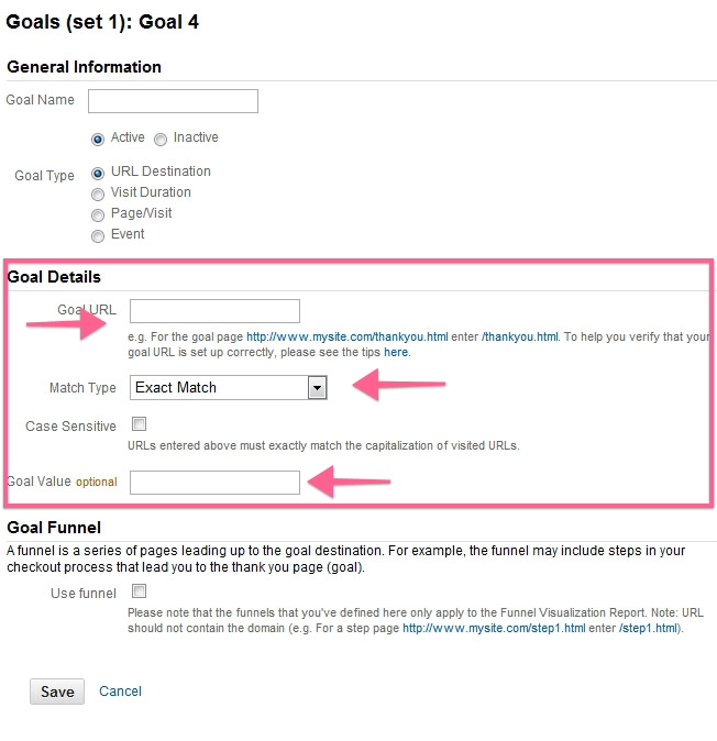 Setup destination URL goal Setup destination URL goal